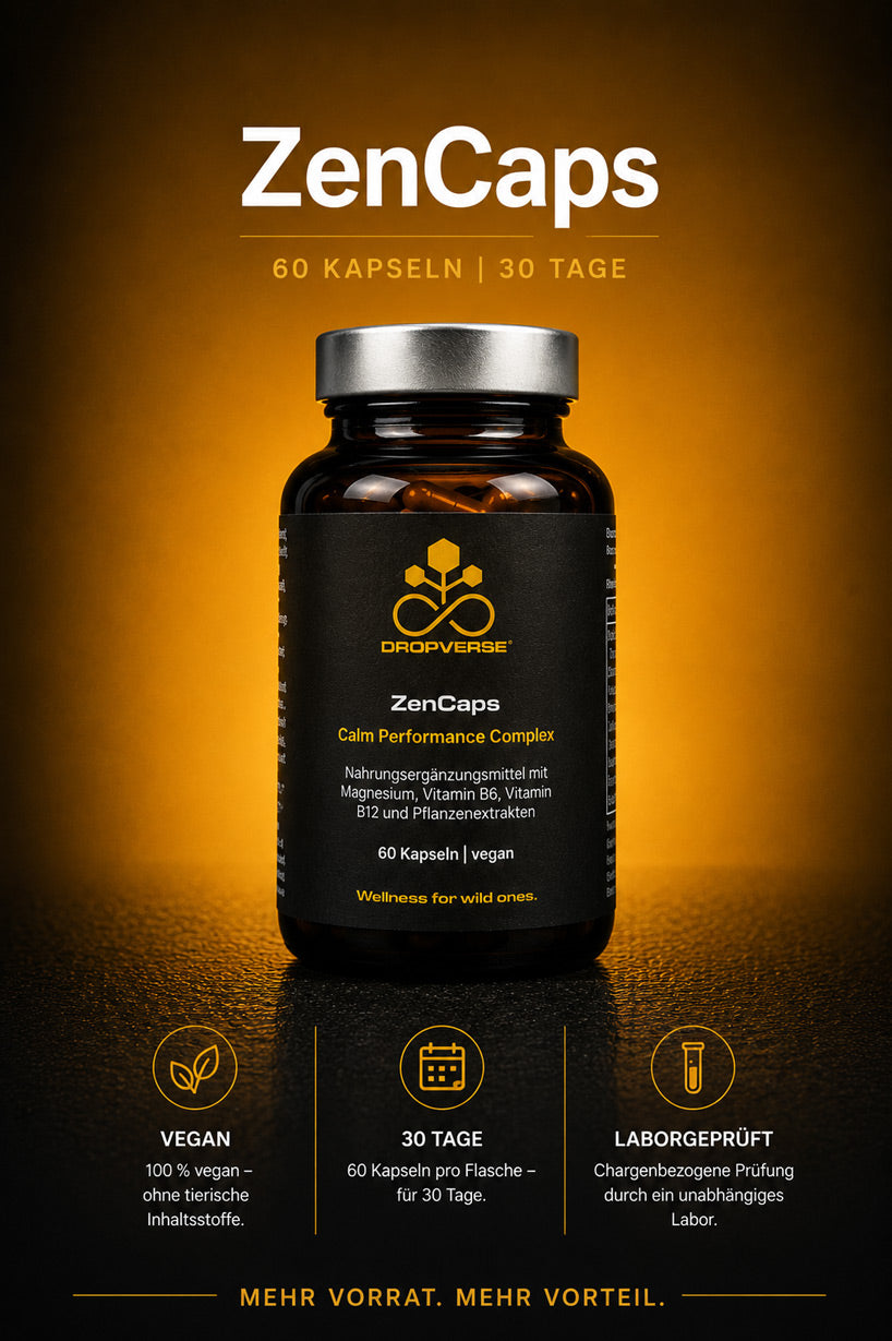 DROPVERSE ZenCaps Calm Performance Complex Nahrungsergänzungsmittel mit Magnesium, Vitamin B6, Vitamin B12 und Pflanzenextrakten