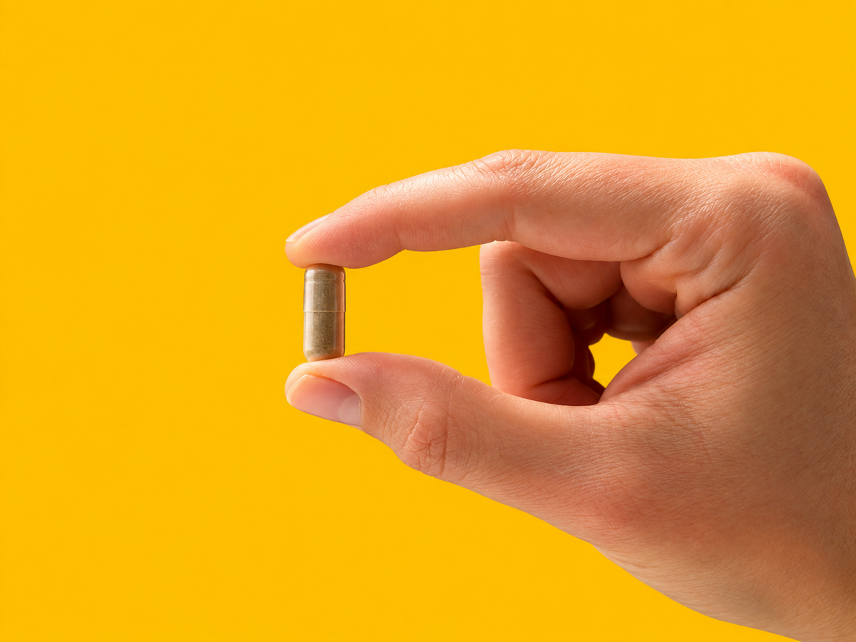 Hand hält eine Kapsel des DROPVERSE® ZenCaps Nahrungsergänzungsmittels