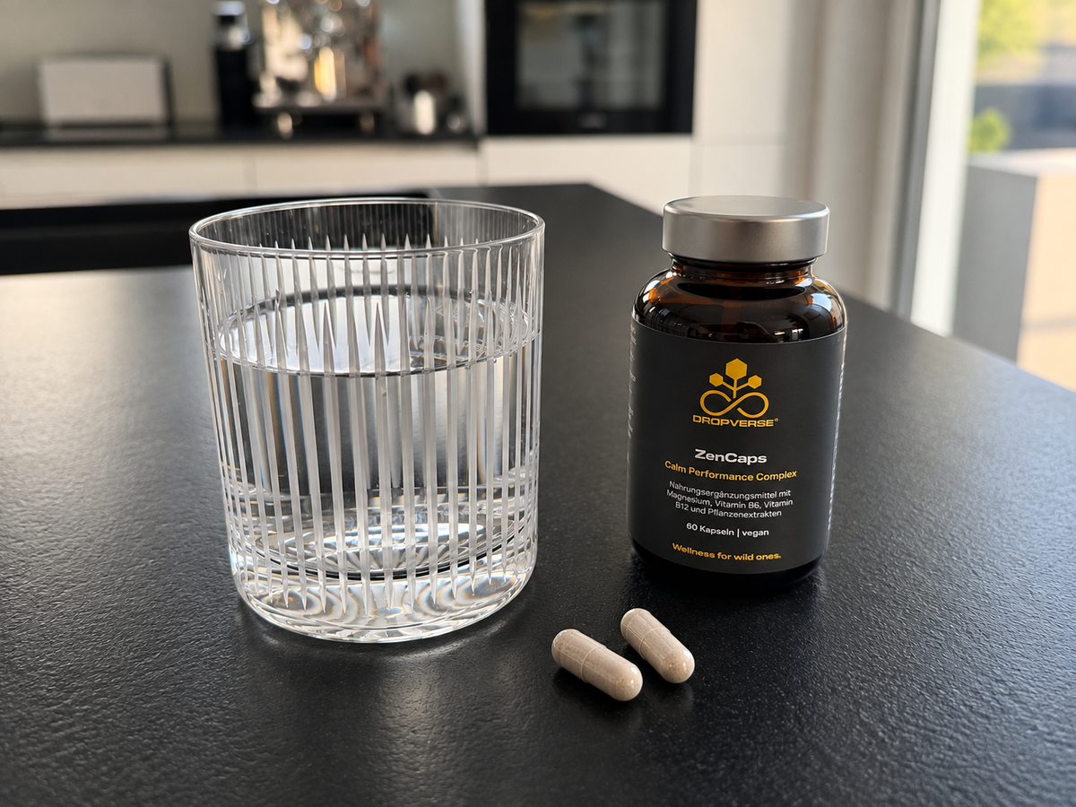 Glas Wasser, zwei ZenCaps Kapseln und die ZenCaps Verpackung von DROPVERSE®