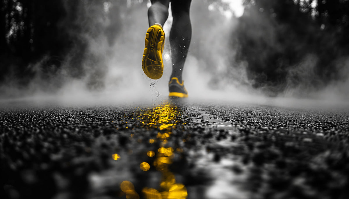 Läufer bei Regen mit gelben Laufschuhen