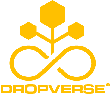 Goldenes quadratisches DROPVERSE-Logo mit stilisierten Blütenelementen und Schriftzug.