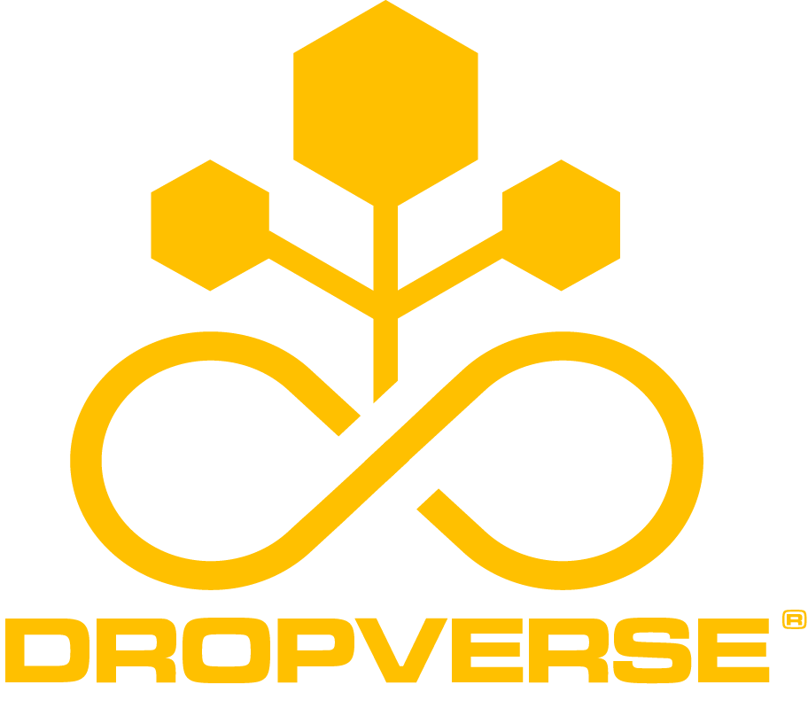 Goldenes DROPVERSE-Logo mit stilisierten Blütenelementen und Schriftzug.