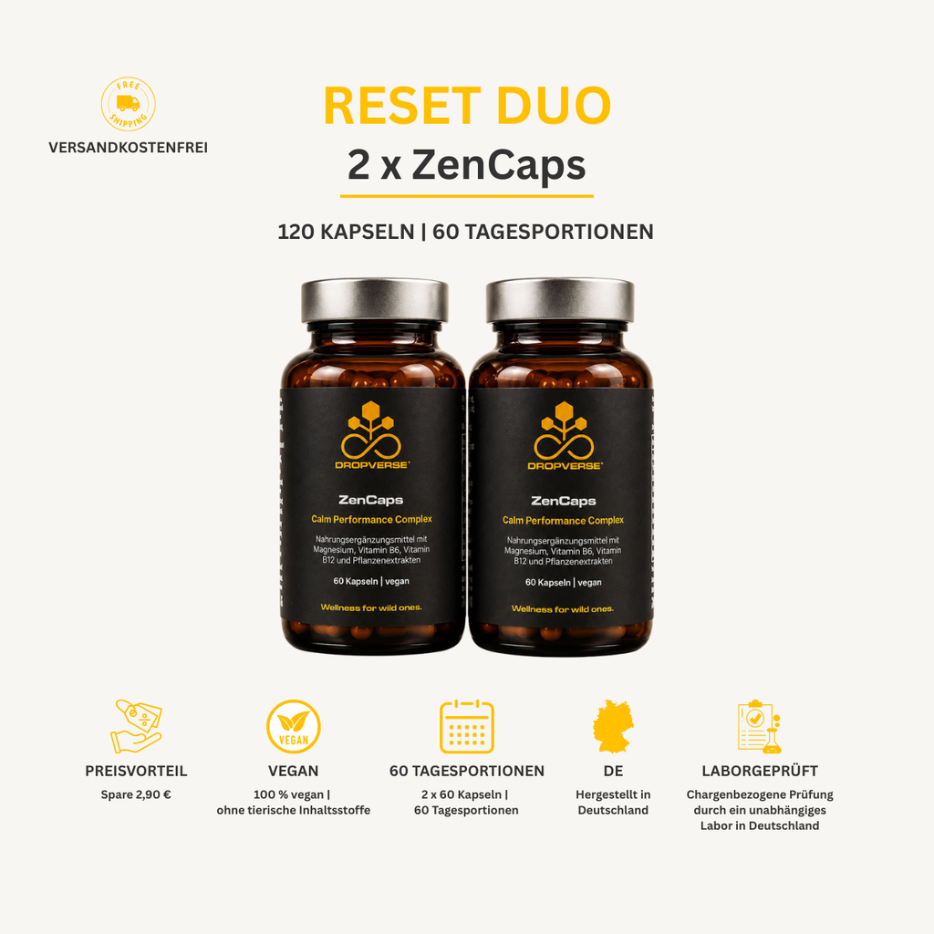 Infografik zum DROPVERSE® ZenCaps Reset Duo (2er-Set), 60 Tagesportionen