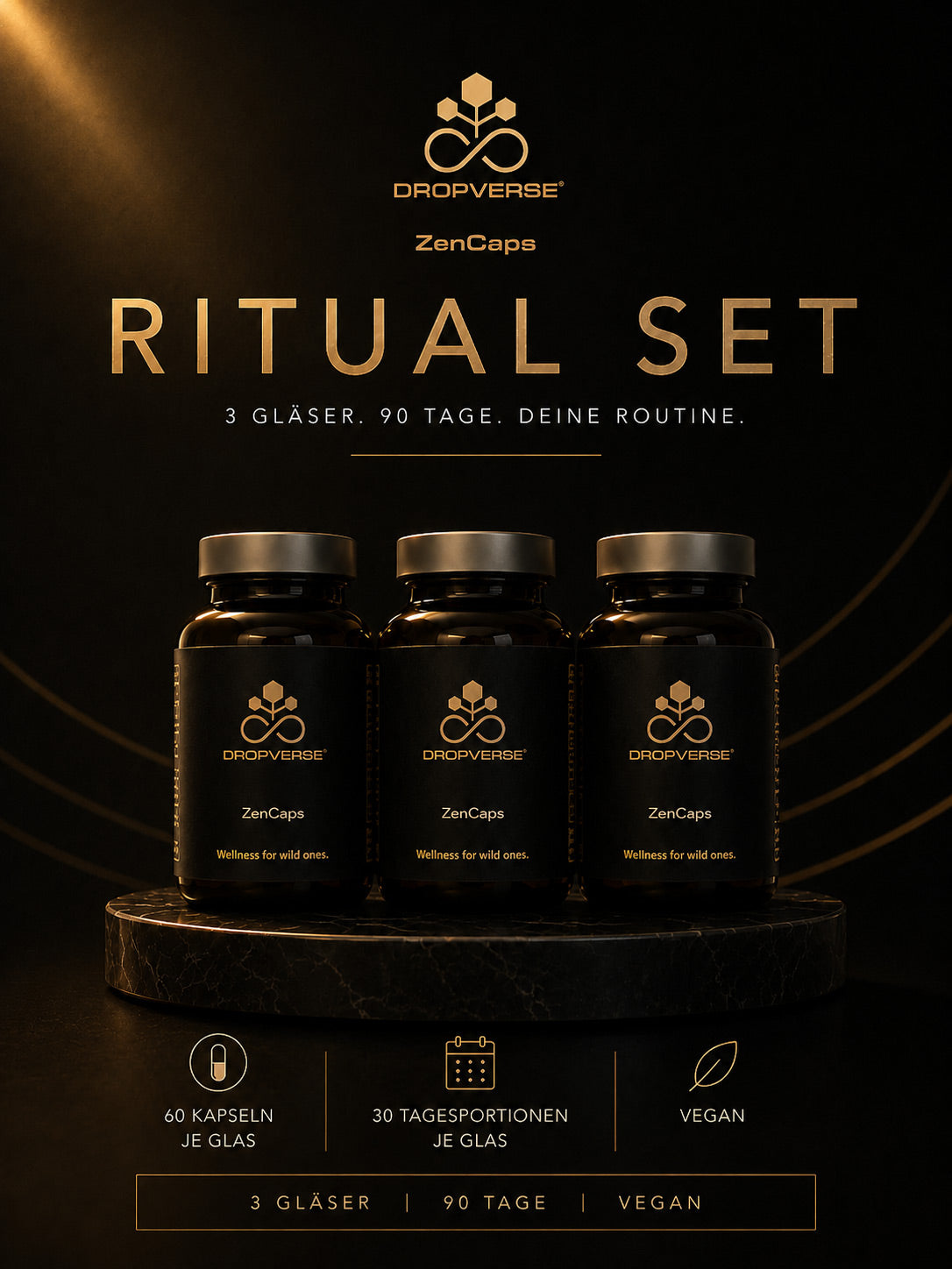 DROPVERSE ZenCaps Ritual Set mit drei Gläsern auf schwarzer Marmoroberfläche