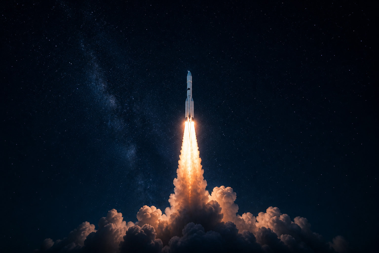 Rakete startet mit leuchtendem Feuerstrahl in den dunklen Nachthimmel voller Sterne. Die starke Lichtdynamik, die aufsteigenden Rauchwolken und die weite Weltraumszenerie unterstützen die visuelle Darstellung von Fortschritt, Aufbruch und moderner Zukunftsorientierung.