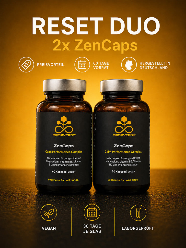 DROPVERSE ZenCaps Nahrungsergänzungsmittel 2er-Set mit zwei Braunglasflaschen vor goldenem Hintergrund