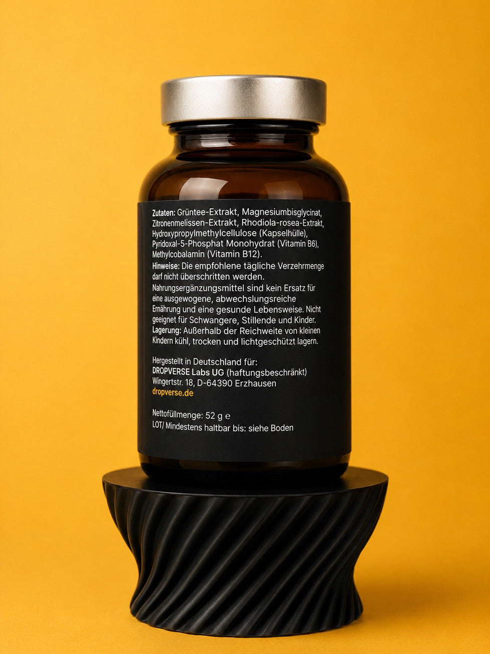 Rückseite des DROPVERSE ZenCaps Nahrungsergänzungsmittel Supplements mit Produktinformationen