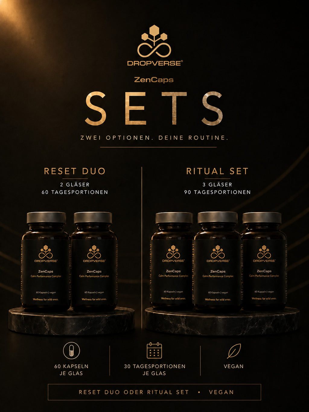 ROPVERSE ZenCaps Sets mit Reset Duo und Ritual Set in dunkler Premium-Produktinszenierung