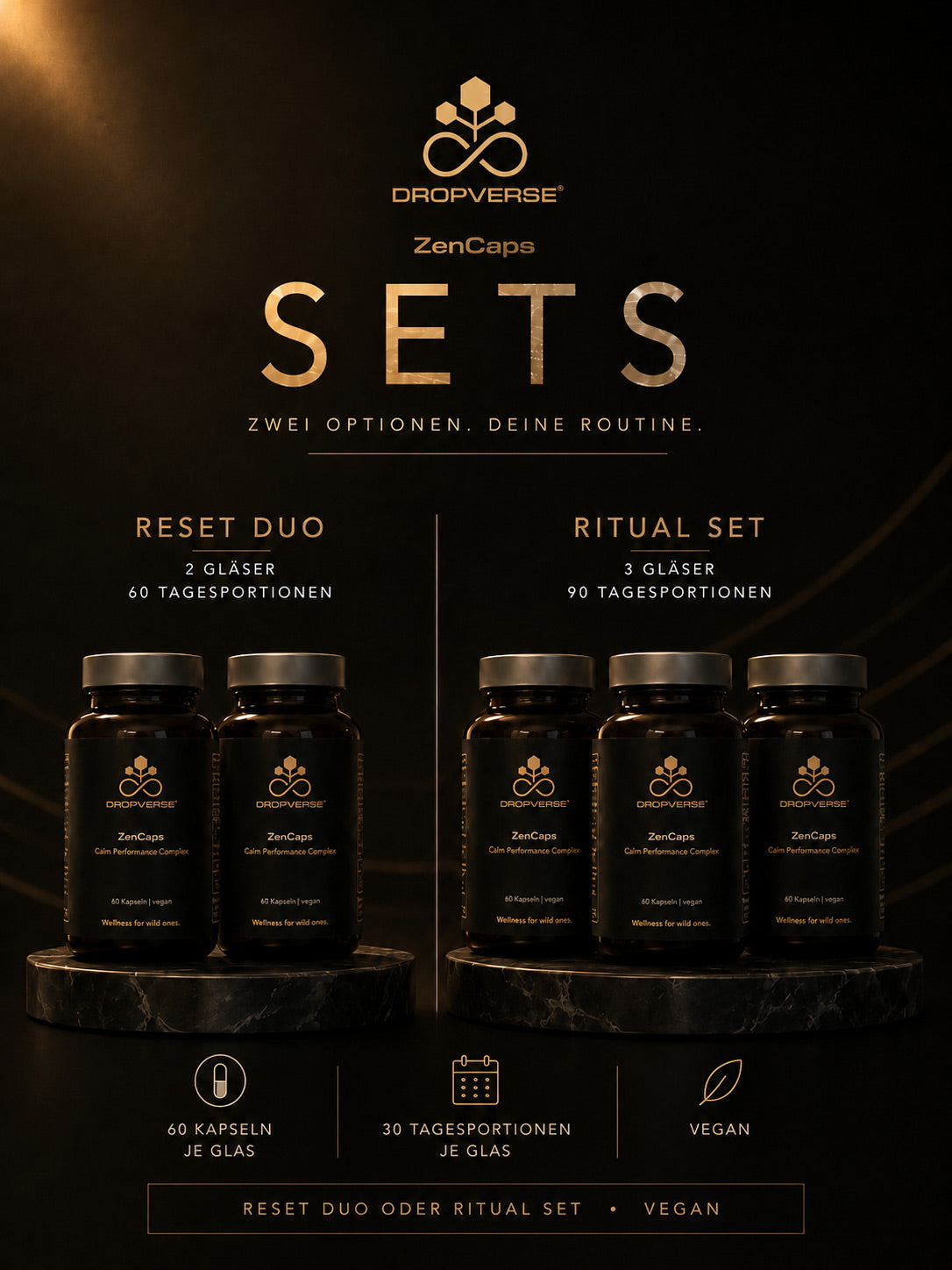 ROPVERSE ZenCaps Sets mit Reset Duo und Ritual Set in dunkler Premium-Produktinszenierung