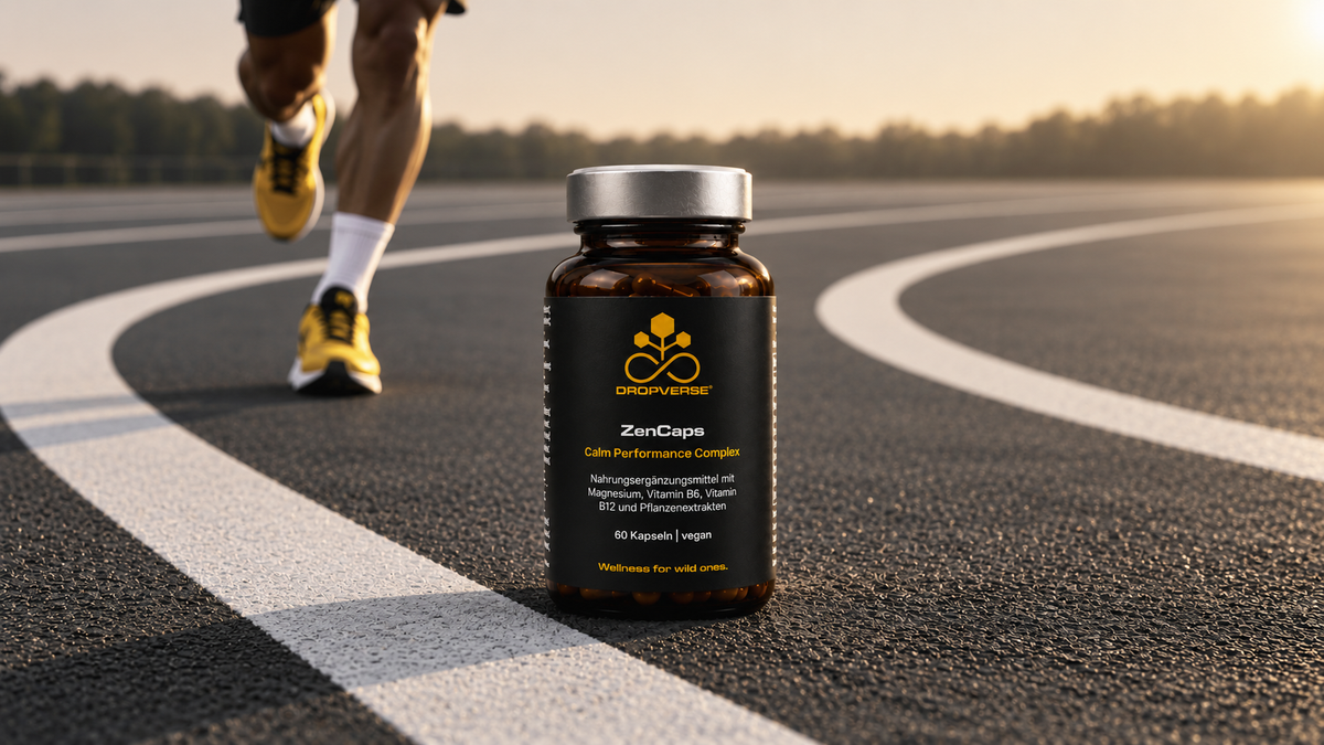 Läufer auf der Laufbahn mit gelben Laufschuhen und DROPVERSE® ZenCaps Flasche am Boden