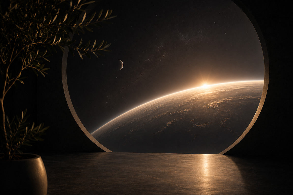 Große runde Fensteransicht mit Blick auf den Sonnenaufgang über der Erde im Weltraum in einer dunklen, minimalistischen Umgebung. Warme Lichtreflexe, tiefe Schwarz- und Goldtöne sowie die futuristische Bildkomposition prägen die moderne und reduzierte Darstellung.