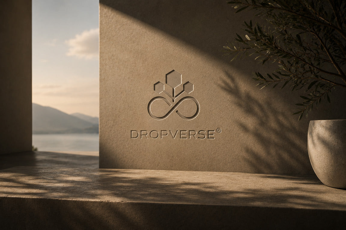 Minimalistische Wand mit eingeprägtem DROPVERSE-Logo in warmem Licht neben ruhiger Landschaftsansicht und natürlichen Schatten. Beige- und Erdtöne, klare Linien sowie eine reduzierte Architektur prägen die ruhige und moderne Bildkomposition.