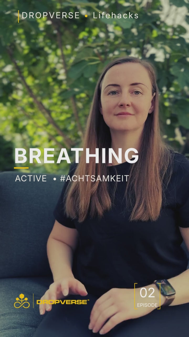 Entdecke Active Breathing mit DROPVERSE: Eine einfache Atemübung für mehr Achtsamkeit im Alltag. Im Video zeigt Iryna Schritt für Schritt das Prinzip - länger einatmen als ausatmen - und wie du die Atemtechnik selbst ausprobieren kannst. Ideal für eine bewusste kurze Pause am Schreibtisch, vor dem Training oder zwischendurch.